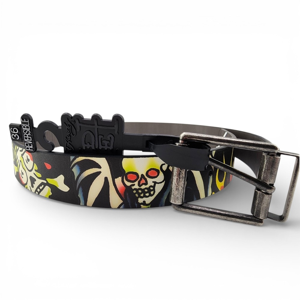 Ed Hardy Live to Ride Reversible Belt Mens Sz 36 Graphic Print Metal‎ Buckle NEW